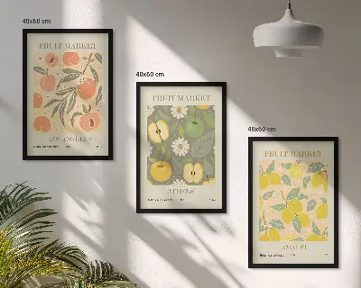 Kompozycja obrazów na ścianę z owocowymi wzorami w stylu retro