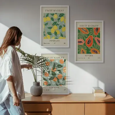 Zestaw 3 plakatów z motywem owoców z cytrynami i papajami do salonu