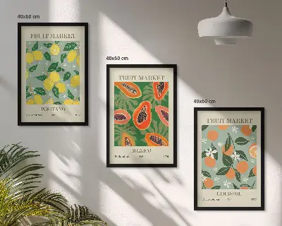 Zestaw 3 plakatów z motywem owoców z cytrynami i papajami do salonu