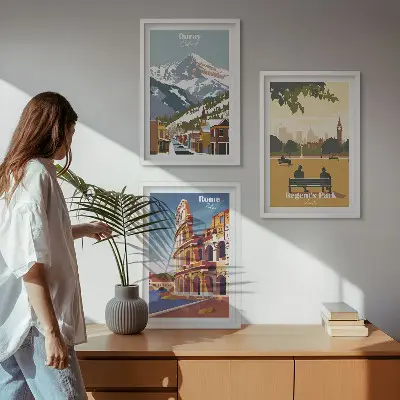 Kompozycja obrazów na ścianę z motywem gór w Ouray, Londynu oraz Koloseum