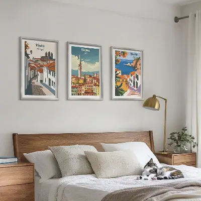 Zestaw obrazów do salonu retro ilustracje miast świata