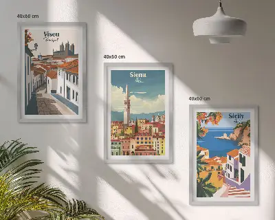 Zestaw obrazów do salonu retro ilustracje miast świata