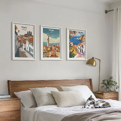 Zestaw obrazów do salonu retro ilustracje miast świata