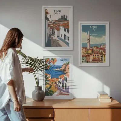 Zestaw obrazów do salonu retro ilustracje miast świata