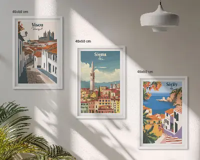 Zestaw obrazów do salonu retro ilustracje miast świata