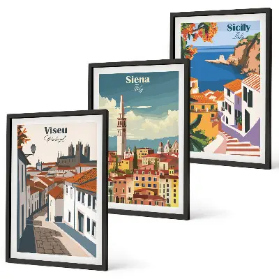 Zestaw obrazów do salonu retro ilustracje miast świata