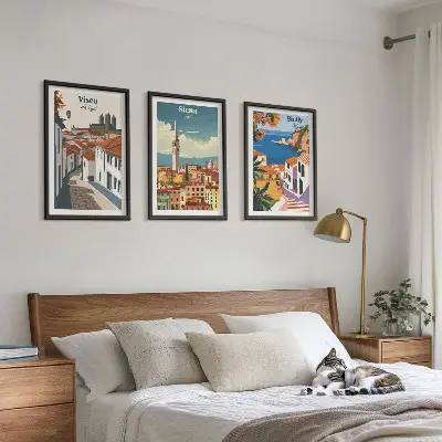 Zestaw obrazów do salonu retro ilustracje miast świata