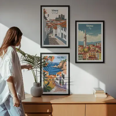 Zestaw obrazów do salonu retro ilustracje miast świata