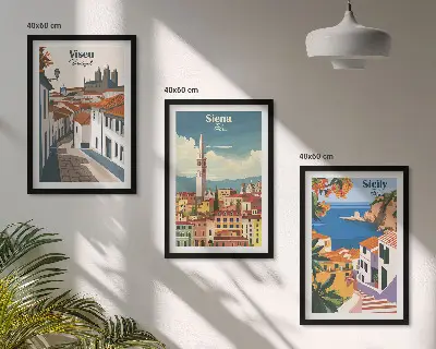 Zestaw obrazów do salonu retro ilustracje miast świata