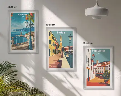 Kompozycja obrazów na ścianę ilustracje z miastami w stylu retro