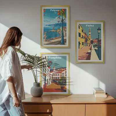 Kompozycja obrazów na ścianę ilustracje z miastami w stylu retro
