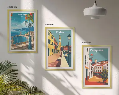 Kompozycja obrazów na ścianę ilustracje z miastami w stylu retro