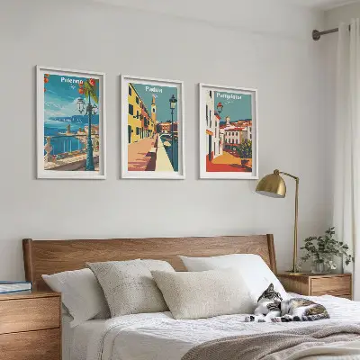 Kompozycja obrazów na ścianę ilustracje z miastami w stylu retro