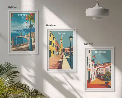 Kompozycja obrazów na ścianę ilustracje z miastami w stylu retro