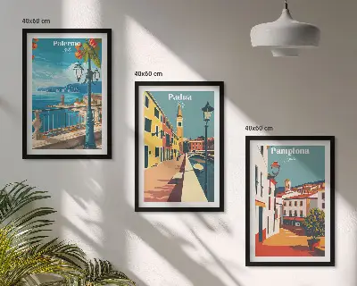 Kompozycja obrazów na ścianę ilustracje z miastami w stylu retro