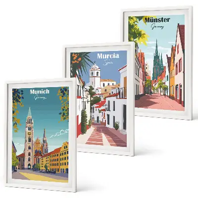 Zestaw 3 obrazów do salonu Miasta Europy kolorowe rysunki