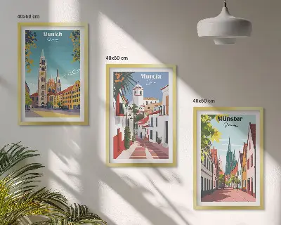 Zestaw 3 obrazów do salonu z kolorowymi rysunkami miast Europy