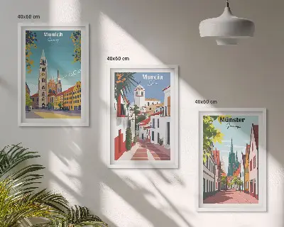 Zestaw 3 obrazów do salonu z kolorowymi rysunkami miast Europy