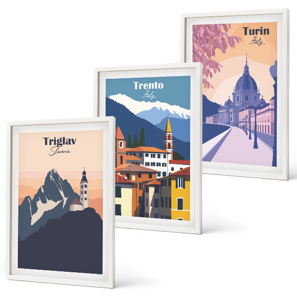Kompozycja obrazów na ścianę Góry architektura retro ilustracje