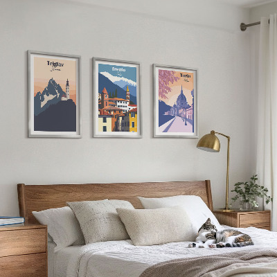 Kompozycja obrazów na ścianę Góry architektura retro ilustracje