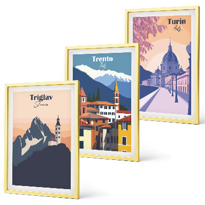 Kompozycja obrazów na ścianę Góry architektura retro ilustracje