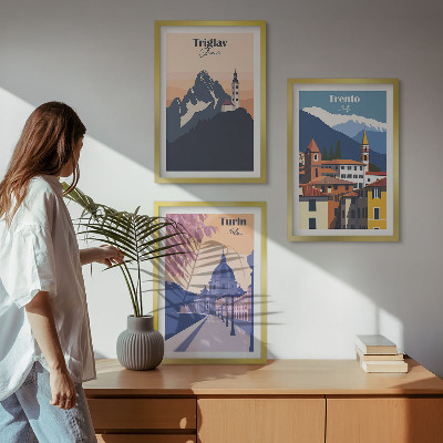 Kompozycja obrazów na ścianę Góry architektura retro ilustracje