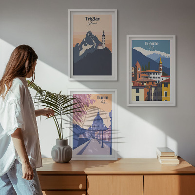 Kompozycja obrazów na ścianę Góry architektura retro ilustracje