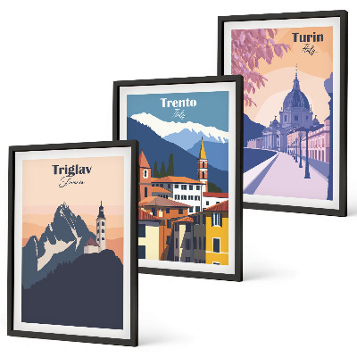 Kompozycja obrazów na ścianę Góry architektura retro ilustracje