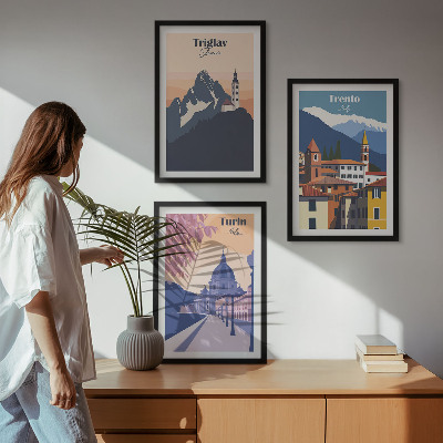 Kompozycja obrazów na ścianę Góry architektura retro ilustracje