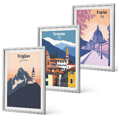 Kompozycja obrazów na ścianę Góry architektura retro ilustracje