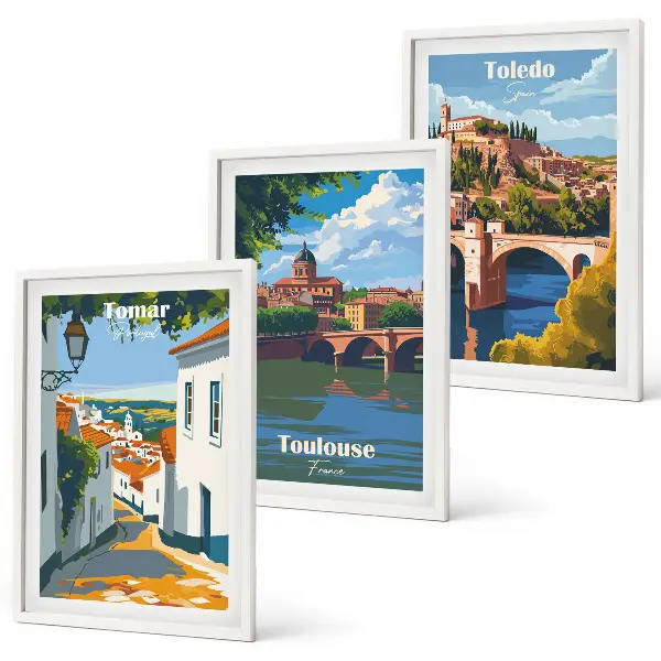 Zestaw 3 obrazów do salonu grafiki miast w stylu retro