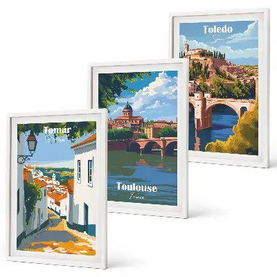 Zestaw 3 obrazów do salonu Grafiki miast w stylu retro
