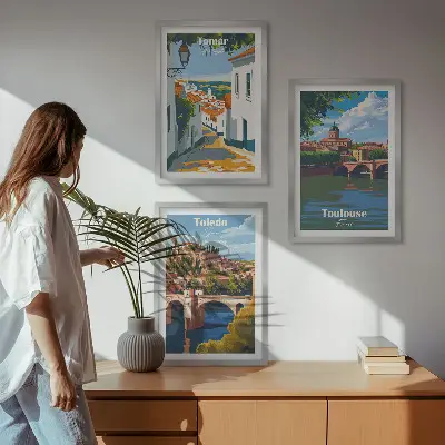Zestaw 3 obrazów do salonu grafiki miast w stylu retro