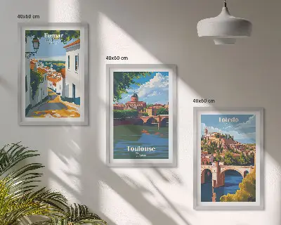 Zestaw 3 obrazów do salonu grafiki miast w stylu retro