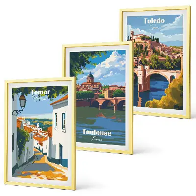 Zestaw 3 obrazów do salonu grafiki miast w stylu retro