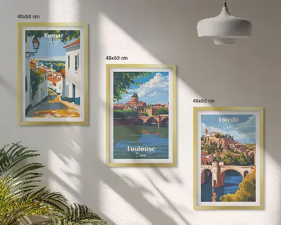 Zestaw 3 obrazów do salonu grafiki miast w stylu retro