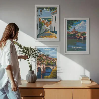 Zestaw 3 obrazów do salonu grafiki miast w stylu retro