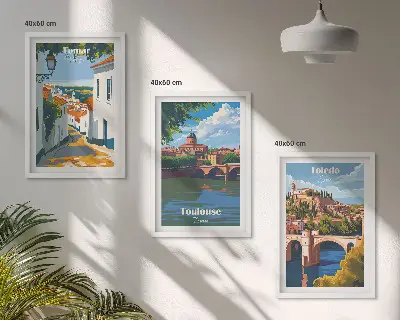 Zestaw 3 obrazów do salonu grafiki miast w stylu retro