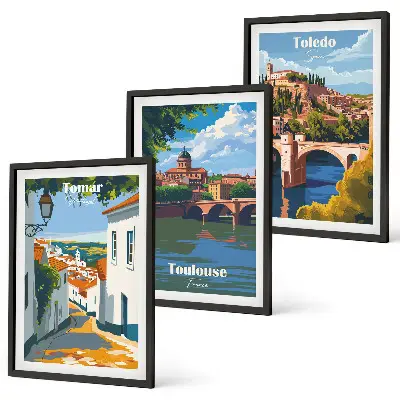 Zestaw 3 obrazów do salonu grafiki miast w stylu retro