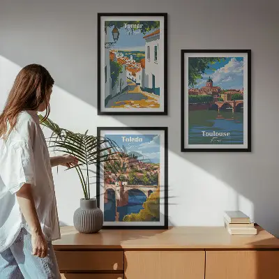 Zestaw 3 obrazów do salonu grafiki miast w stylu retro