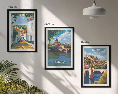 Zestaw 3 obrazów do salonu grafiki miast w stylu retro