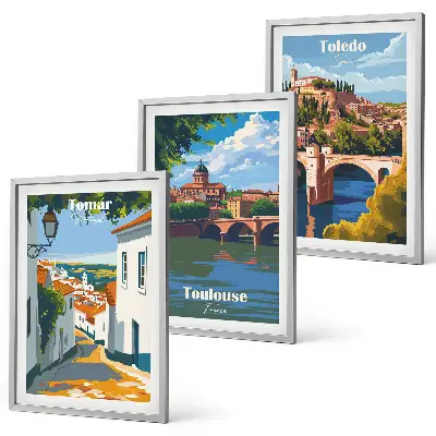 Zestaw 3 obrazów do salonu grafiki miast w stylu retro