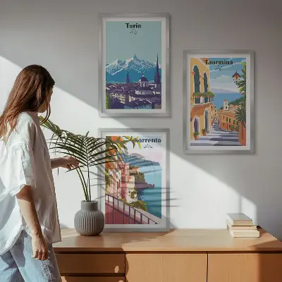 Kolorowe retro widoki miast zestaw 3 obrazów do salonu