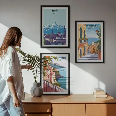Kolorowe retro widoki miast zestaw 3 obrazów do salonu