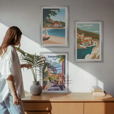 Kompozycja obrazów na ścianę ilustracje przedstawiające nadmorskie miasta