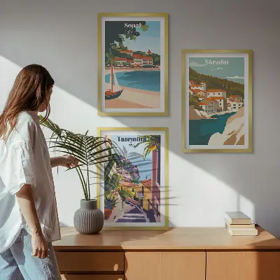 Kompozycja obrazów na ścianę ilustracje przedstawiające nadmorskie miasta