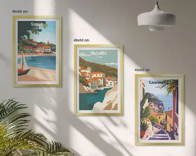 Kompozycja obrazów na ścianę ilustracje przedstawiające nadmorskie miasta