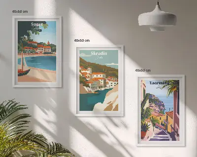 Kompozycja obrazów na ścianę ilustracje przedstawiające nadmorskie miasta