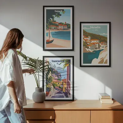 Kompozycja obrazów na ścianę ilustracje przedstawiające nadmorskie miasta