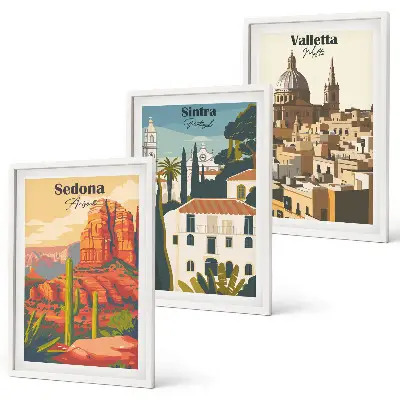 Zestaw 3 obrazów do salonu widoki Sedona, Sintra i Valletta w stylu retro